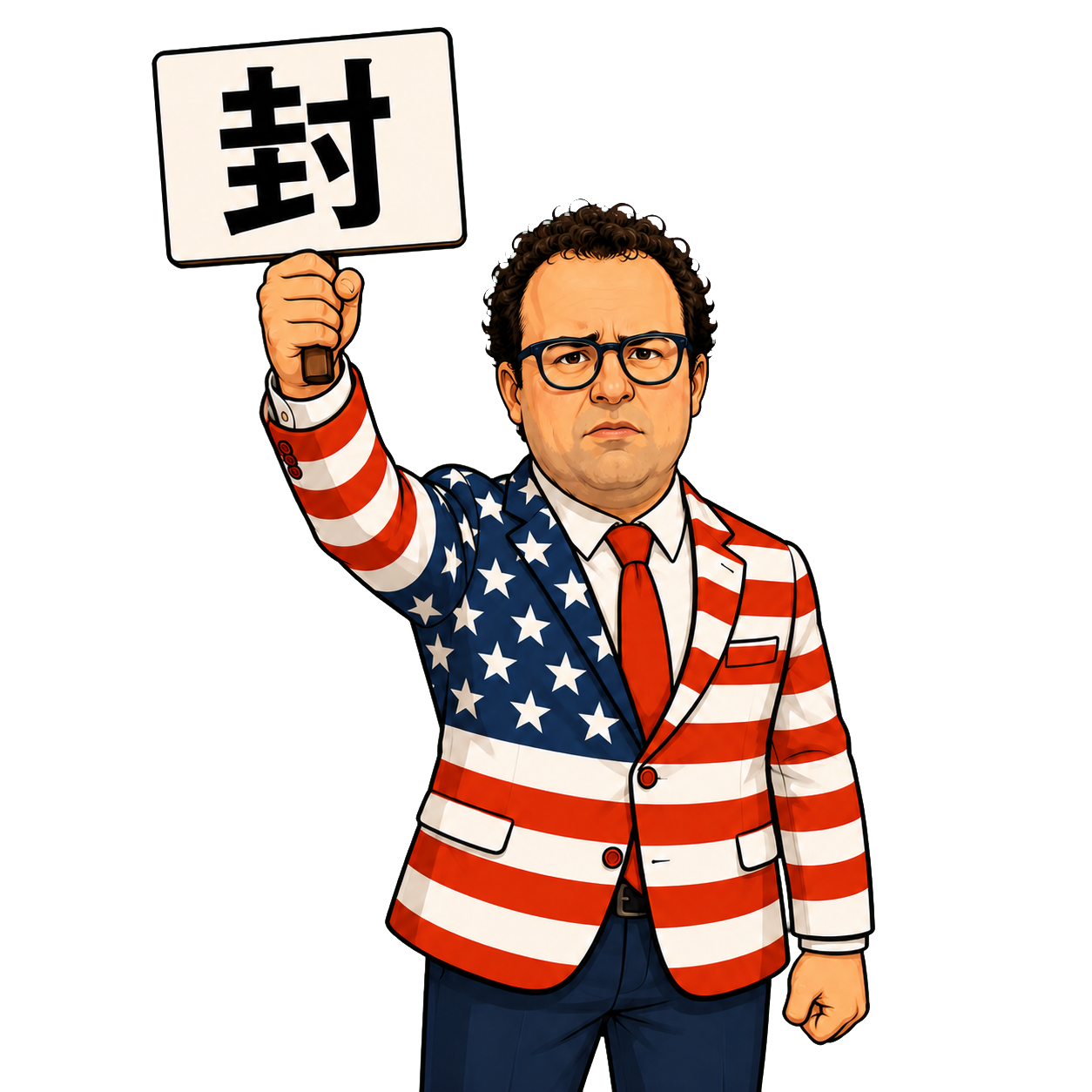 举着封字牌的讽刺漫画人物
